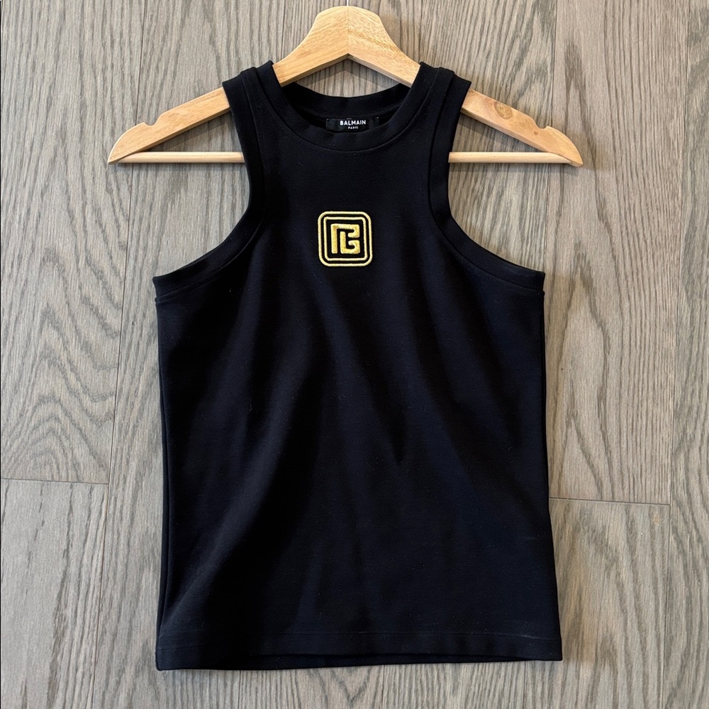 NWOT Balmain Black Sleeveless Top with Gold Emblem | S